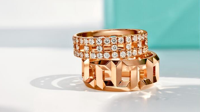 tiffany & co. t系列t true 18k玫瑰金铺镶钻石戒指及18k玫瑰金戒指